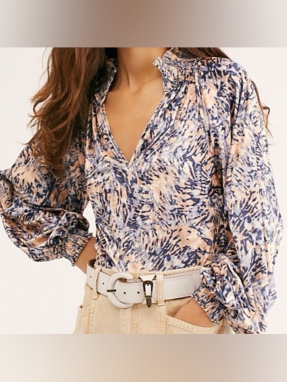 Free People - Go Get Em Crushed Velvet Smocked Collar Long Sleeve Blouse Size SM